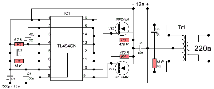 Схема преобразователя напряжения 12 в 220 в на TL494