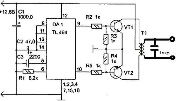 Преобразователь напряжения 12 в / 220 в на микросхеме TL494CN 100 Вт