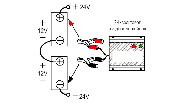 Зарядка двух последовательно соединенных аккумуляторов 24-вольтовым зарядным устройством