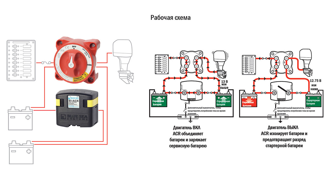 Схема подключения зарядного реле и батарейного выключателя
